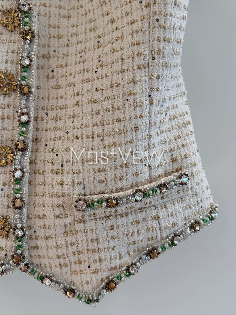 Designer Luxury Beaded Tweed V-Neck Vest in Cream and Gold - Picture 4 of 9